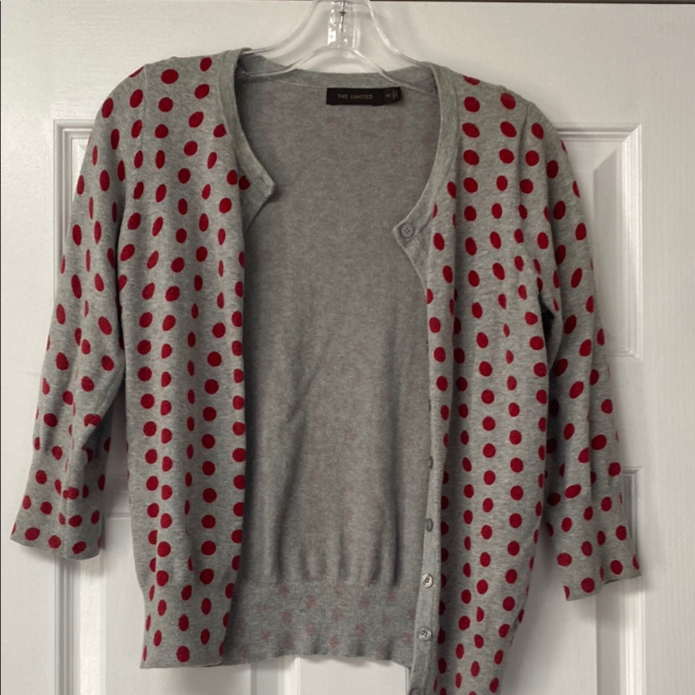 The Limited Gray and Red Polka Dot Cardigan